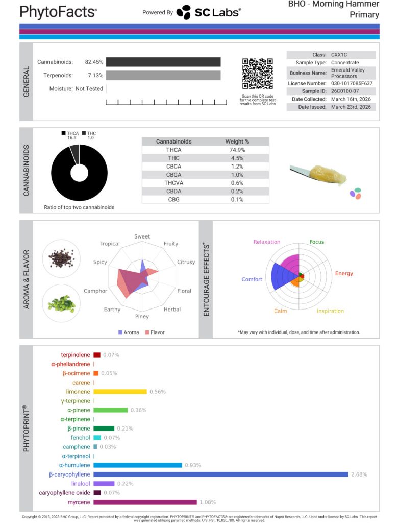 Morning Hammer Cannabinoid and Terpene Test Results
