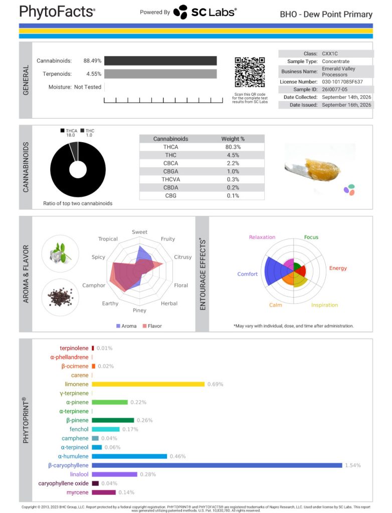 Dew Point Dab Cannabinoid and Terpene Test Results